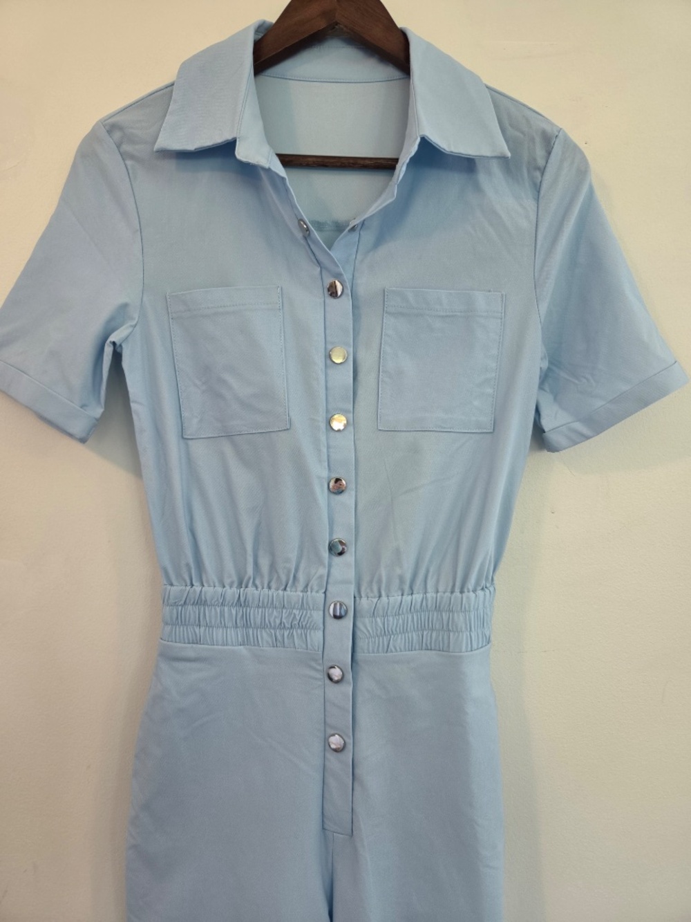Utility suit romper/jumper blue short sleeve minimalist contemporary stretch - Picture 3 of 12